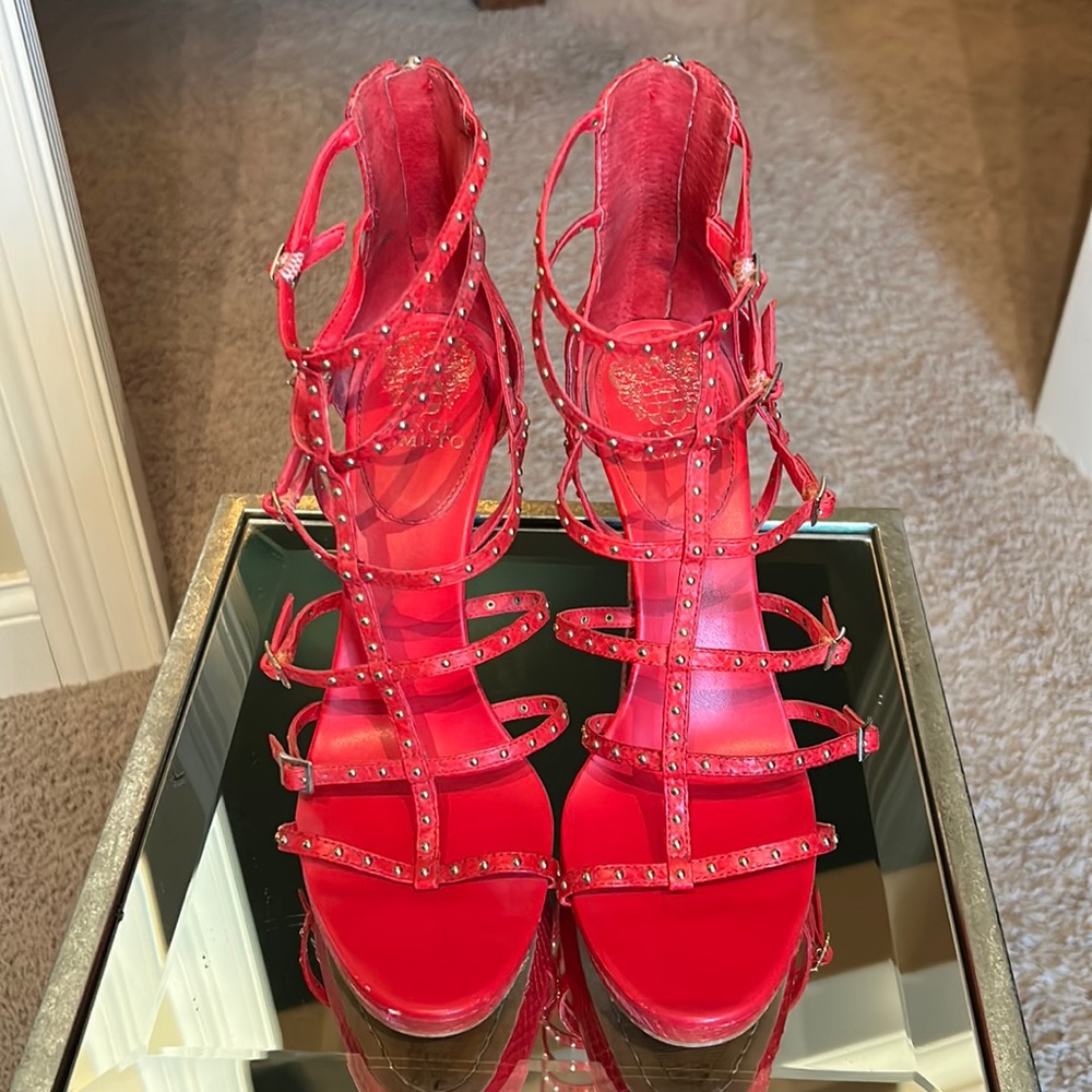 Vince Camuto Red and Gold Strappy Stilettos